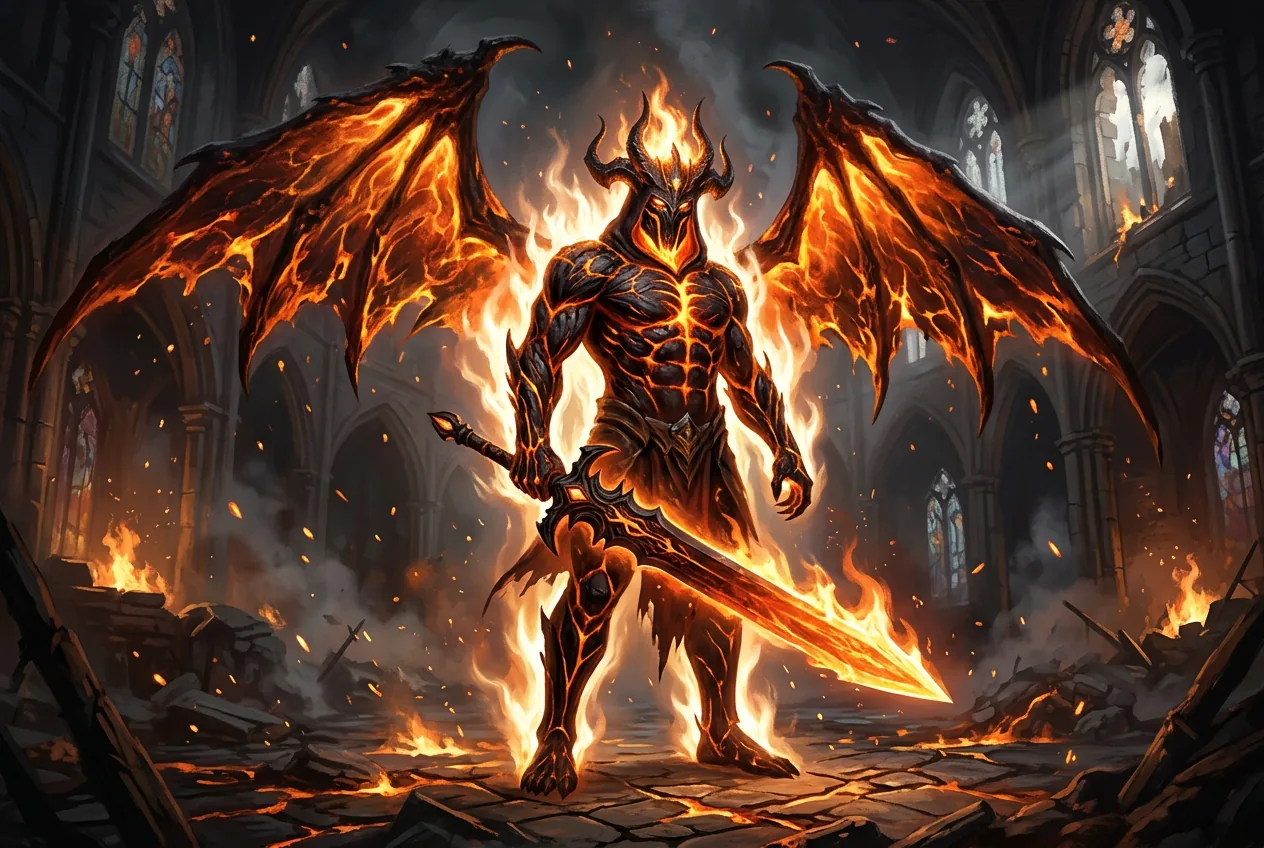 The Arbiter of Ash wreathed in holy fire with molten wings spread
