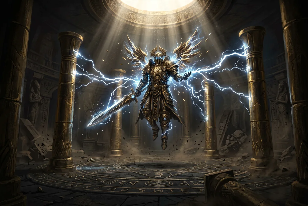 The Arbiter of Divinity channeling lightning between golden pillars