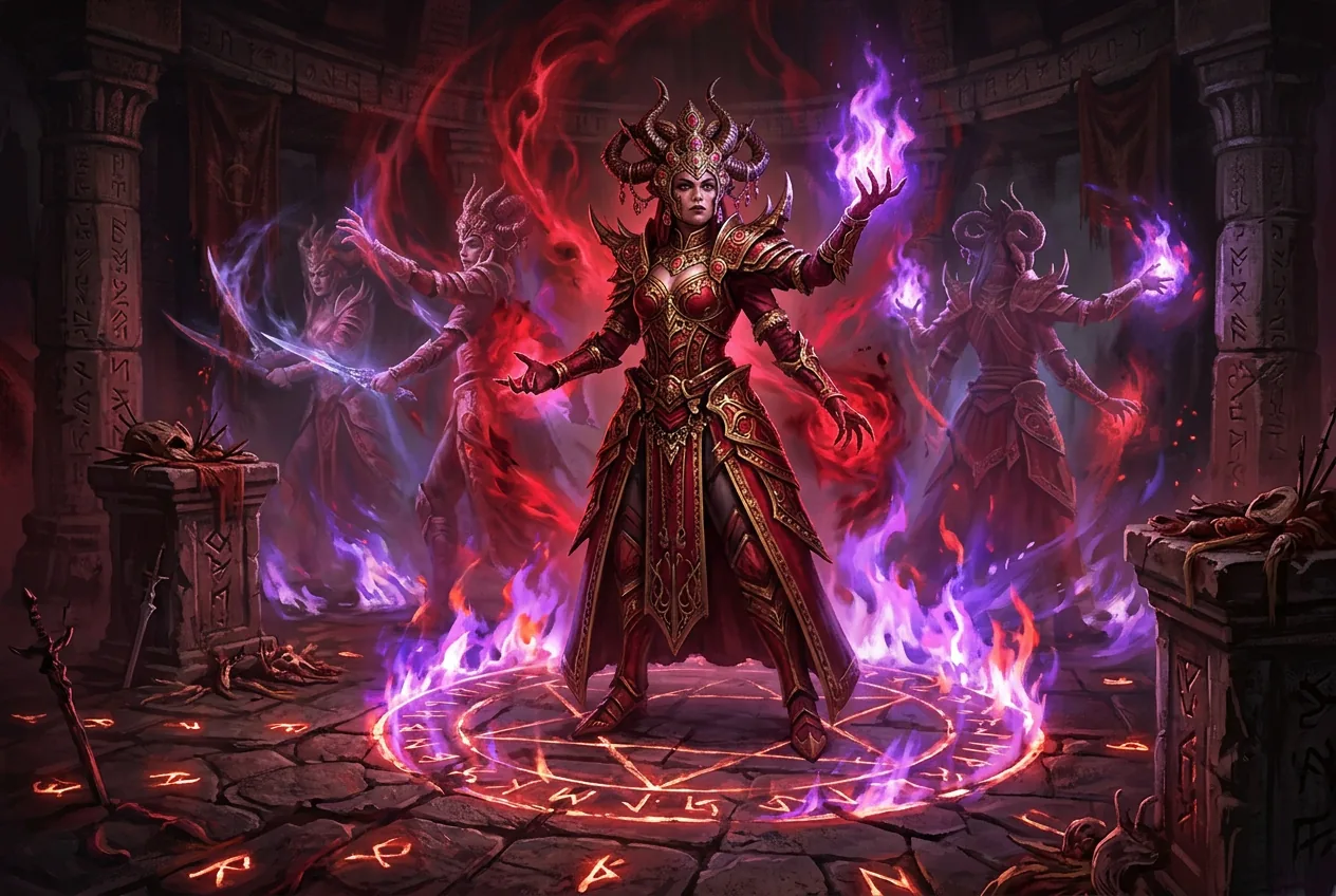Atziri the Red Queen surrounded by crimson chaos energy and mirror reflections