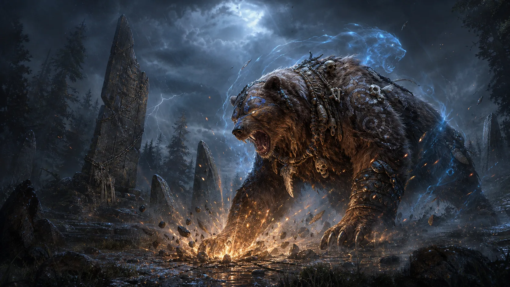 A bear-form Shaman Druid charging through a storm with earth and cold magic