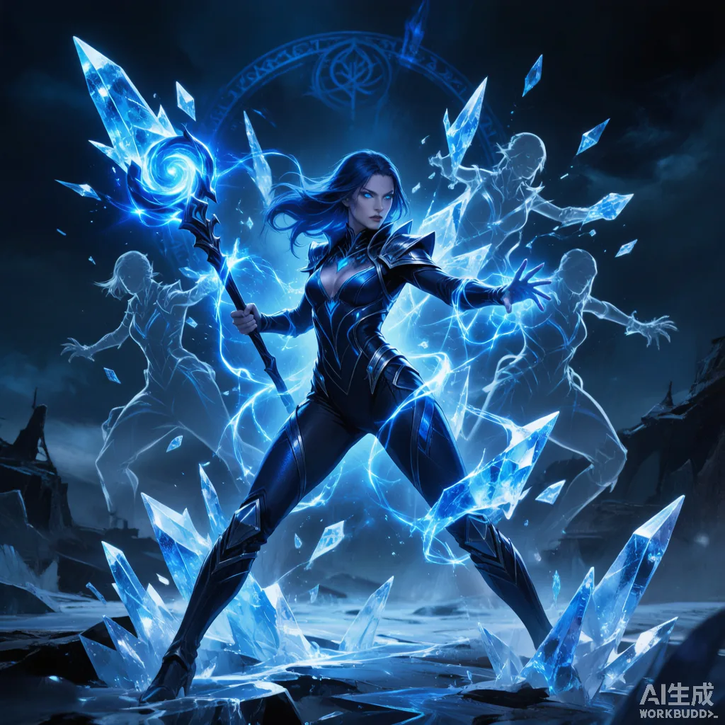 A Chronomancer shaping an Ice Nova and frozen time around a ruined battlefield