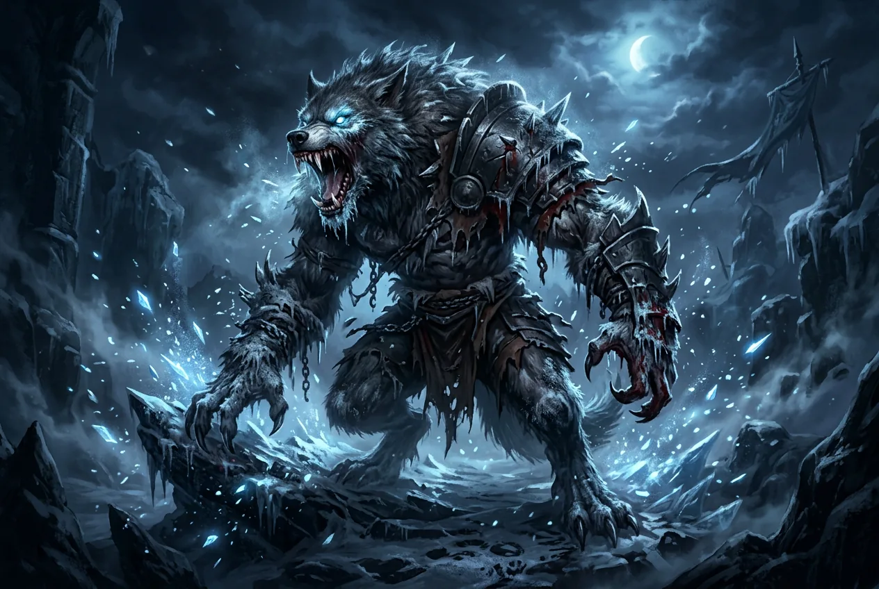 Count Geonor in his wolf form surrounded by frost mist