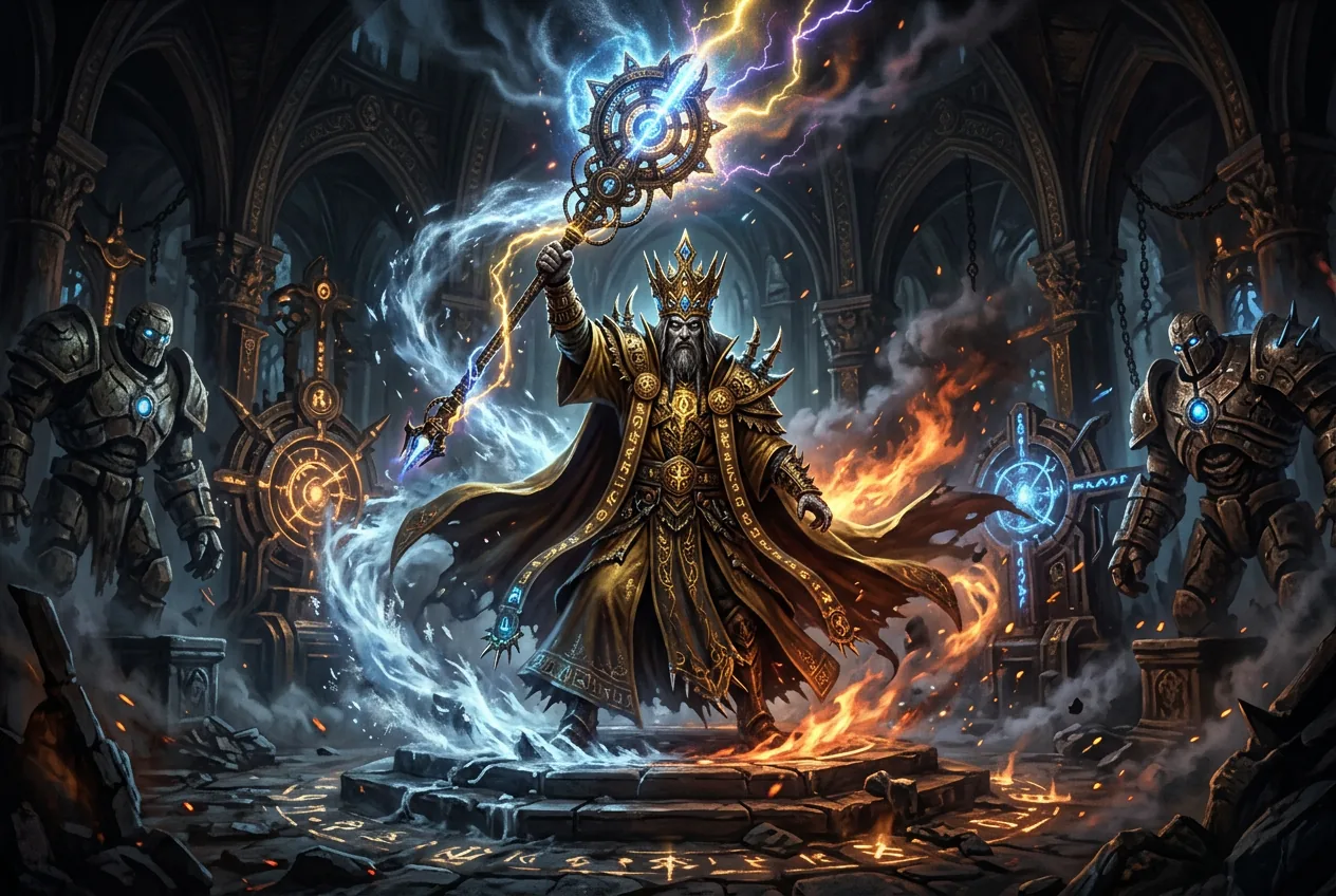 Doryani surrounded by swirling elemental energy with his thaumaturgical sceptre raised