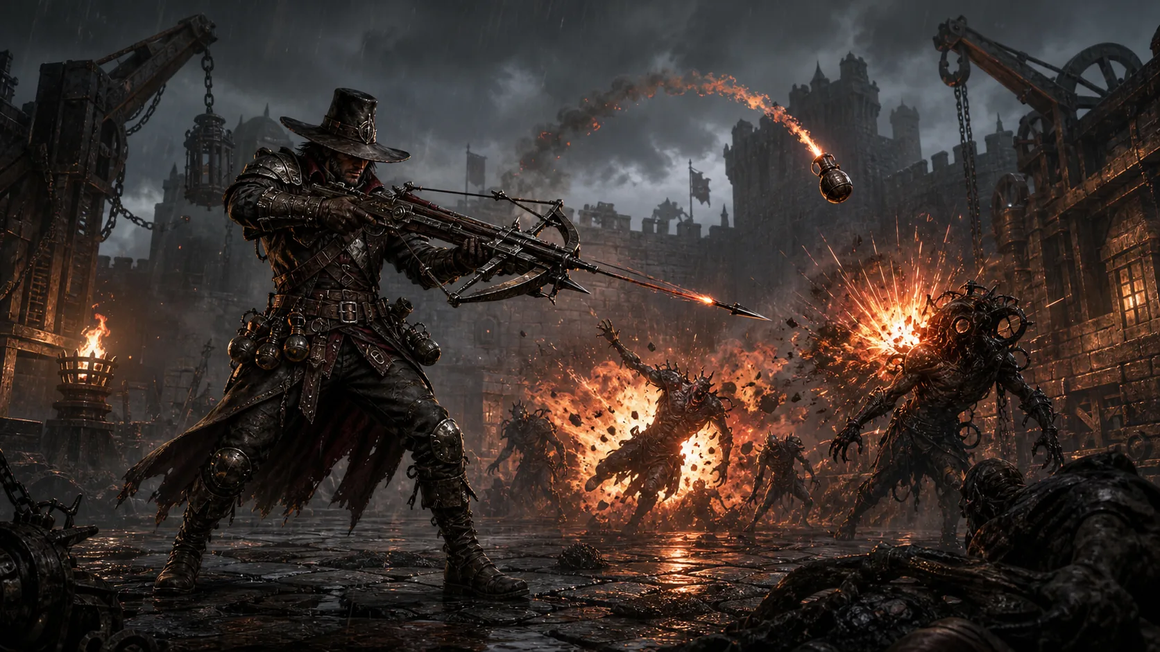 A Witchhunter Mercenary firing a crossbow as prepared grenades detonate