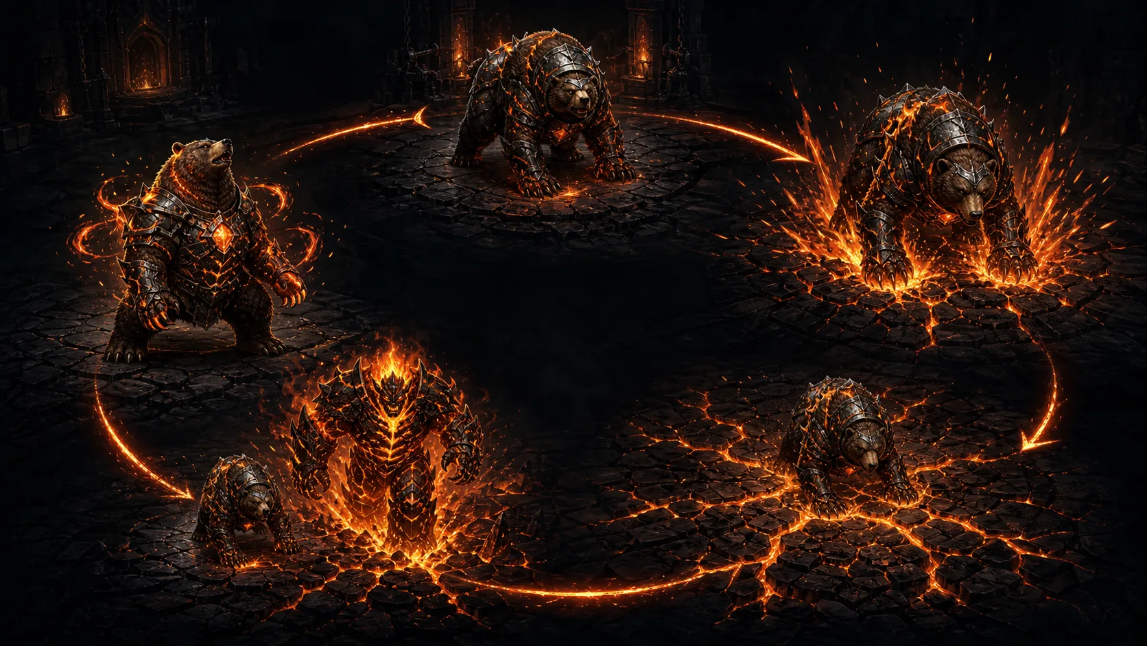 Editorial diagram of a fire bear creating and crossing Molten Crash fissures