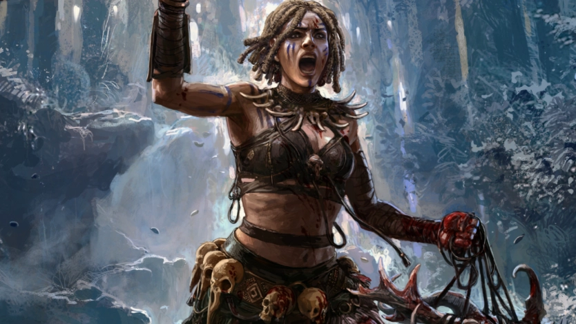 Huntress Ritualist piercing a frozen pack with Glacial Lance in combat