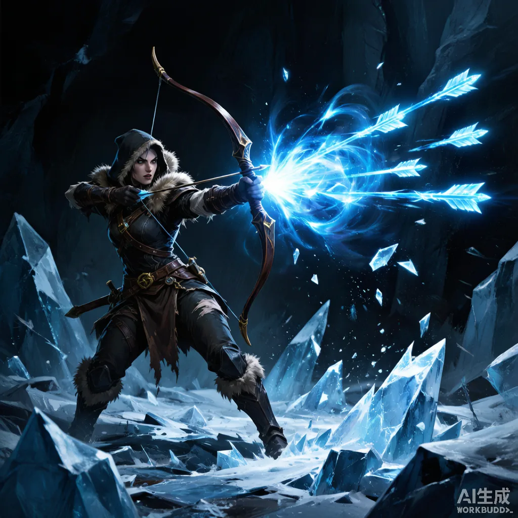 A Deadeye archer releasing an Ice Shot through a frozen battlefield
