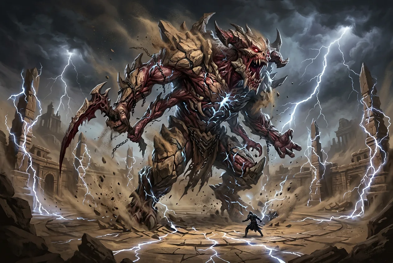 Jamanra the Abomination in the Act 2 arena with lightning pillars