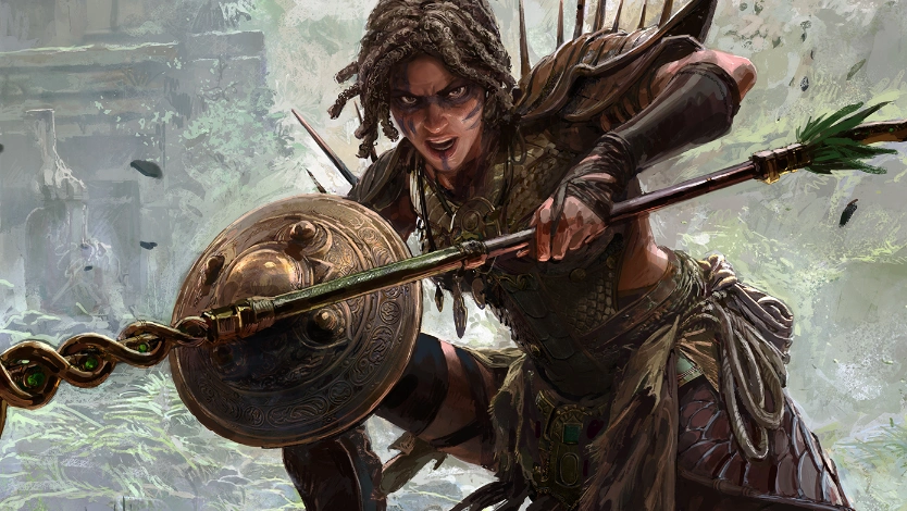 Huntress Amazon hurling Lightning Spear to pierce a pack in combat