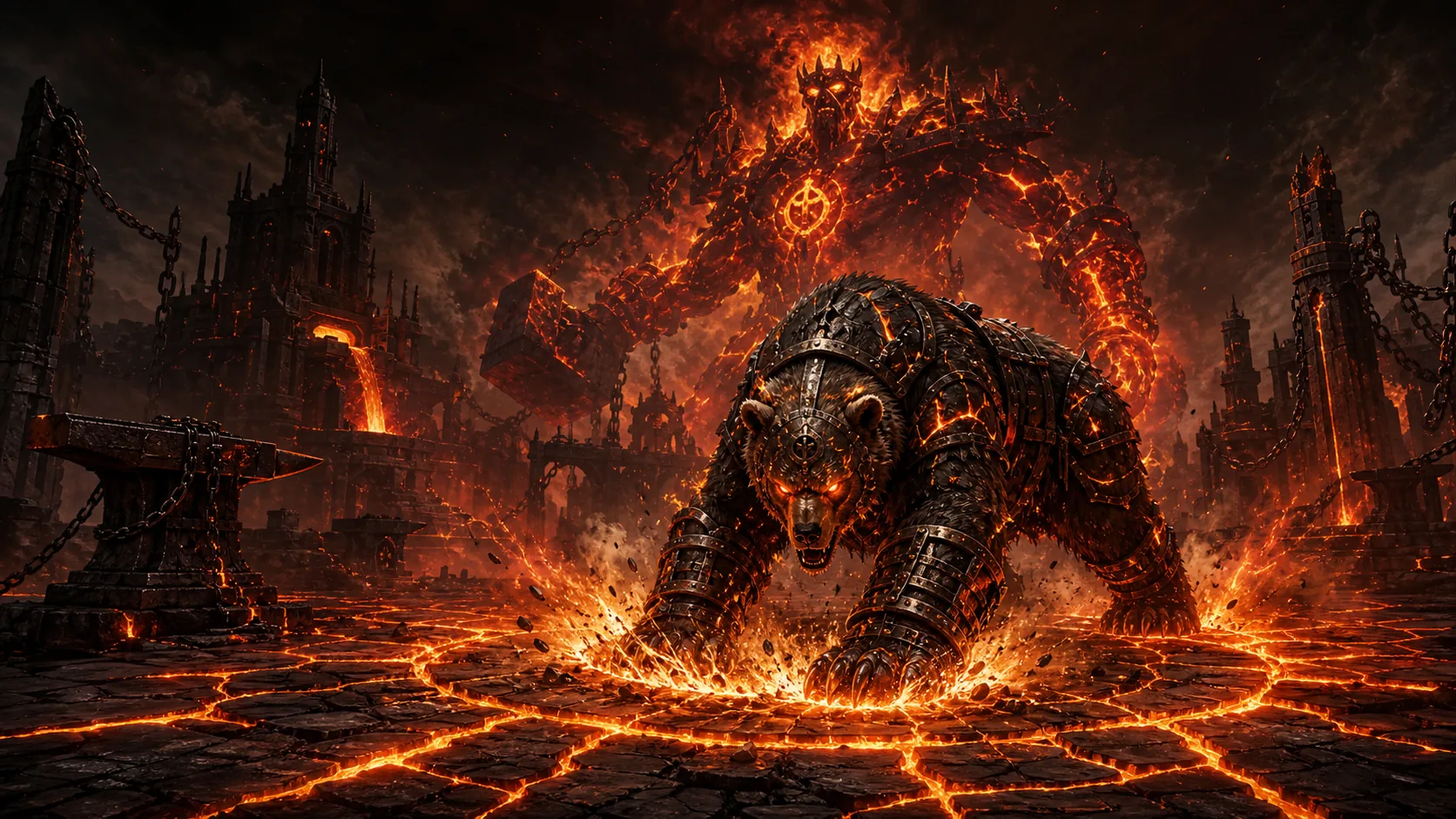 A molten bear-form Smith of Kitava crossing fiery fissures and falling embers
