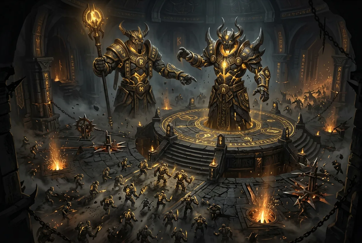The Trialmaster commanding waves of constructs from a raised platform