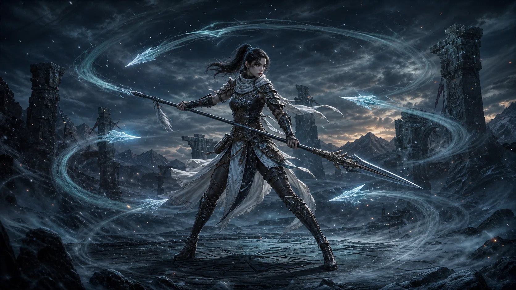 A spear-wielding Spirit Walker directing a cold Twister along a battlefield lane
