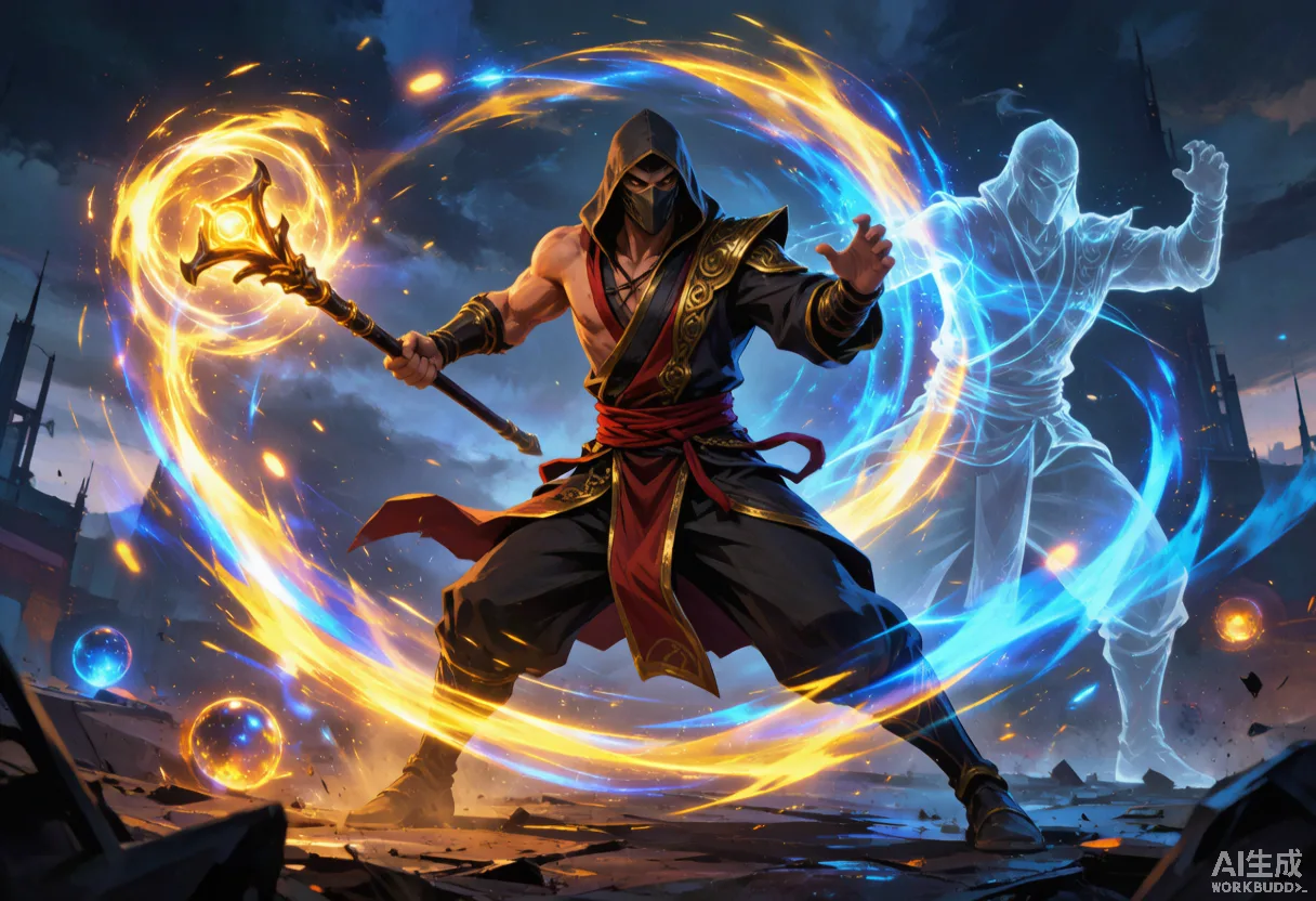 Редакционная схема: Мастер Боевых Искусств накапливает заряды, ставит Грозовой Колокол и начинает Вихревую Атаку