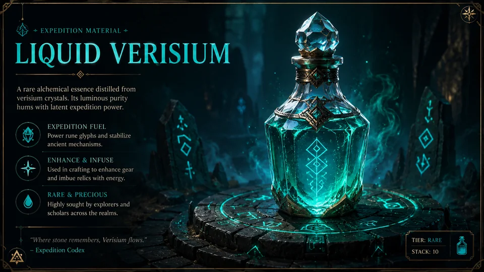 A glowing cyan Liquid Verisium flask in a dark workshop