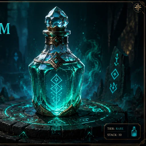 A cyan Liquid Verisium flask on a dark item panel